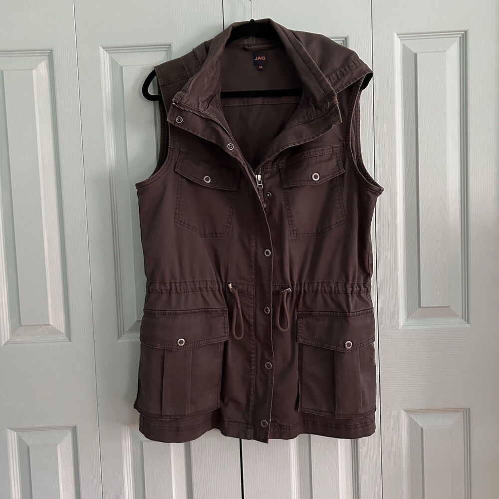 JAG Womens Dark‎ Gray Canvas Zip Up Hooded Vest Medium Drawstring Waist Pockets